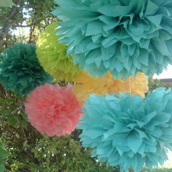 7 Tissue paper pom poms. Party decoration.